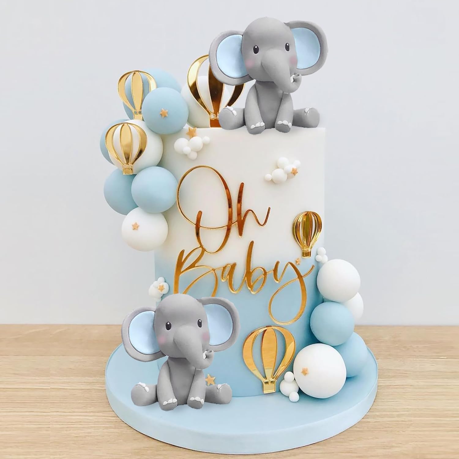 Baby Food Grinder - Elefanten-Kuchendekoration, Baby-Kuchenaufsatz, blaue weiße Perlenkugeln, Heißluftballon