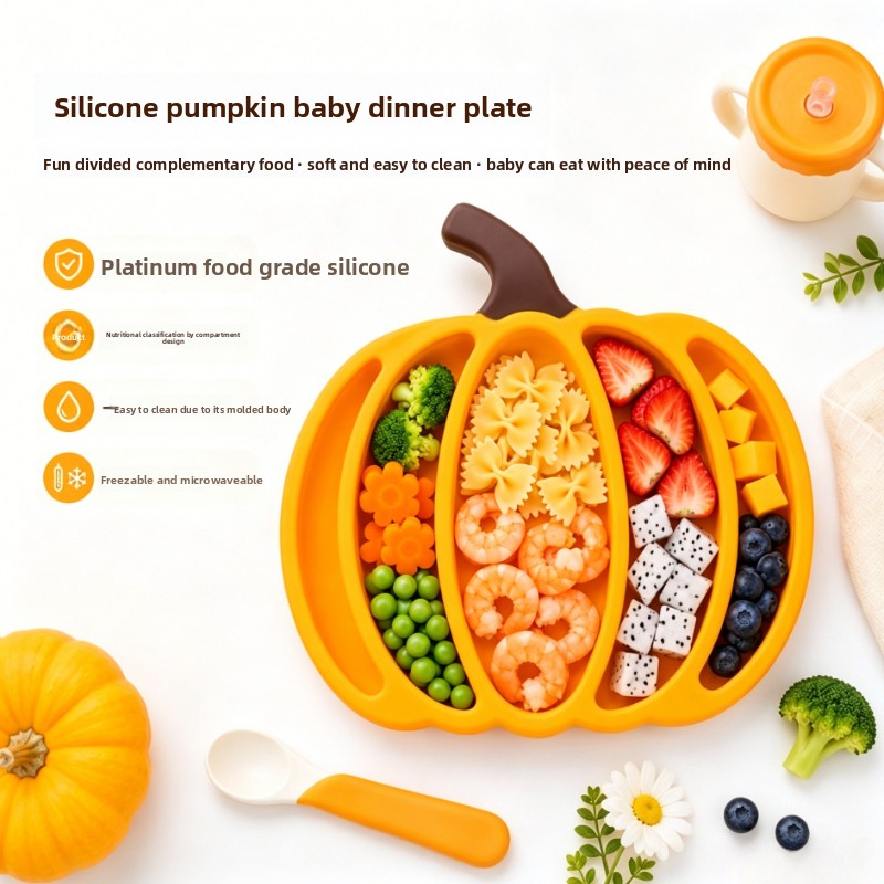 Baby Food Dinner - Kürbisförmiger Silikon-Babyteller mit Unterteilungen, Bruchsicherer Kleinkind-Selbstfütterungsteller,