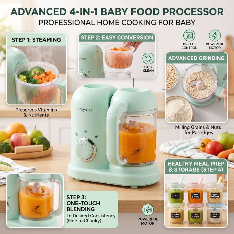 Baby Food Gerber - Multifunktionaler Hochpräzisions-Babynahrungszerkleinerer Kleiner Automatischer 4-in-1 Kocher