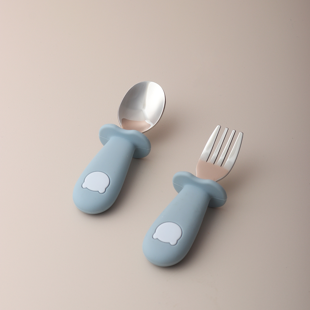 Baby Food Utensils - Baby-Panda-Form Silikon-Löffel und -Gabel Edelstahl Baby-Fütterungslöffel